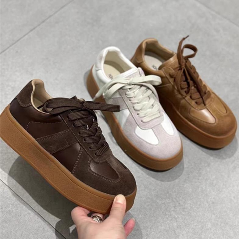 欧美厚底圆头德训鞋拼色板鞋真皮