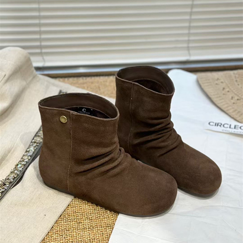 真皮复古内增高褶皱内增高短靴女