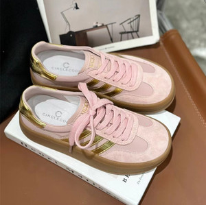 真皮阿甘鞋女樱花粉厚底德训鞋2023春季新款牛皮系带休闲运动鞋潮