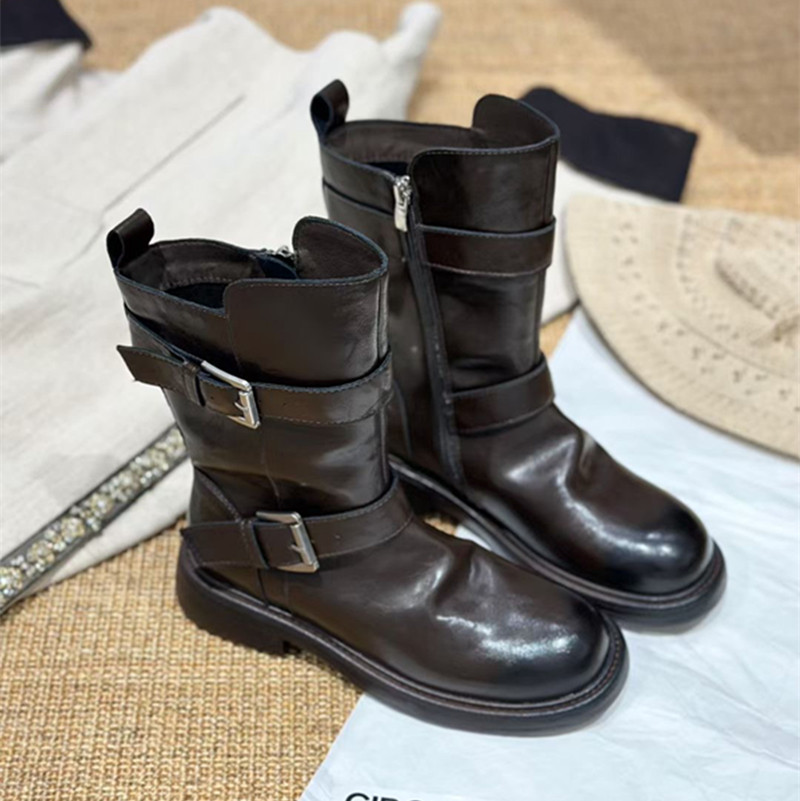 真皮复古皮带扣棕色英伦风马丁靴