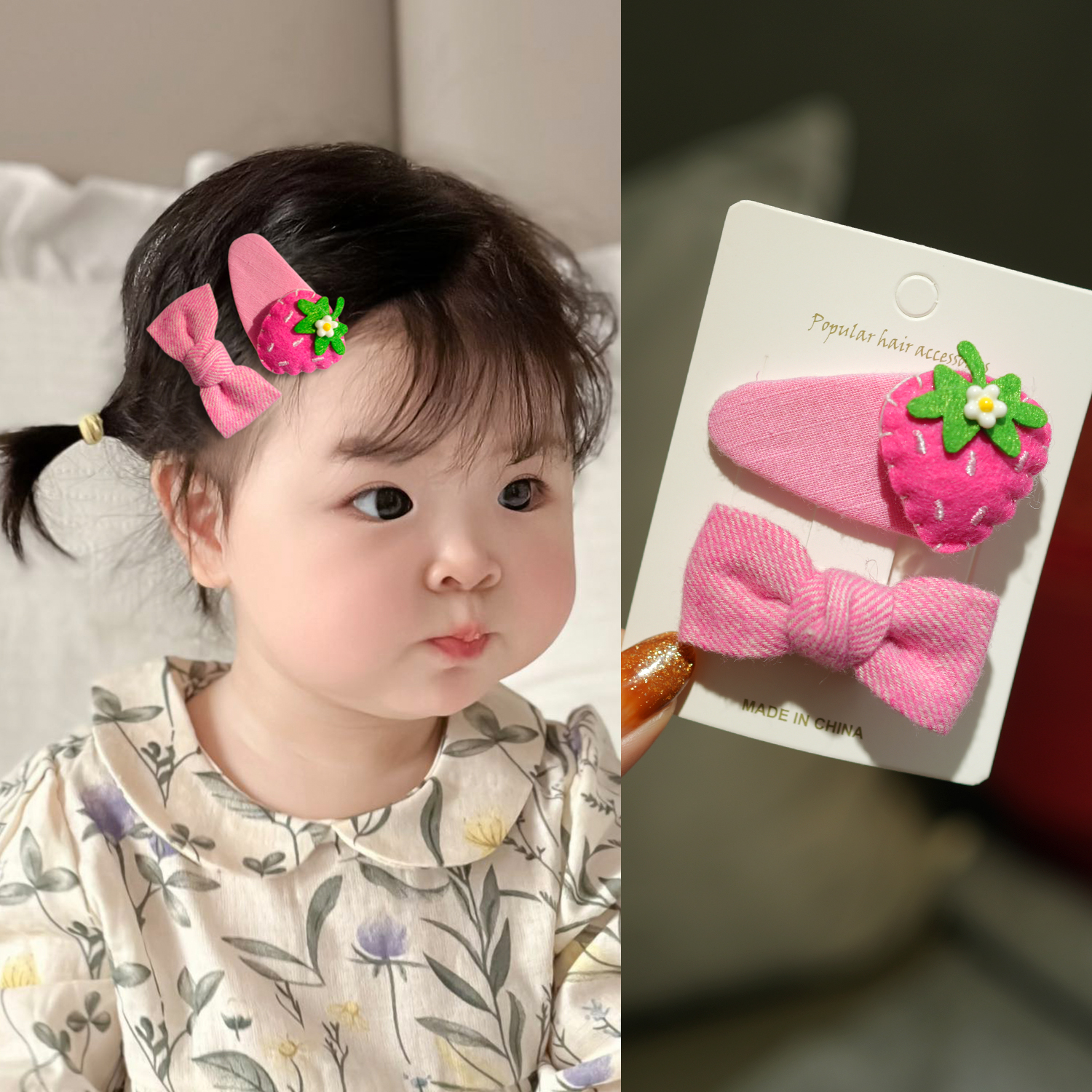 韩版玫红草莓发夹卡通可爱蝴蝶结布艺刘海碎发夹女宝宝BB夹发卡子