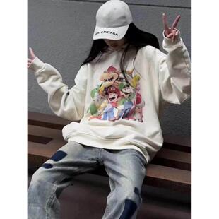 False perception卡通马里奥连帽卫衣男女情侣休闲套头帽衫潮