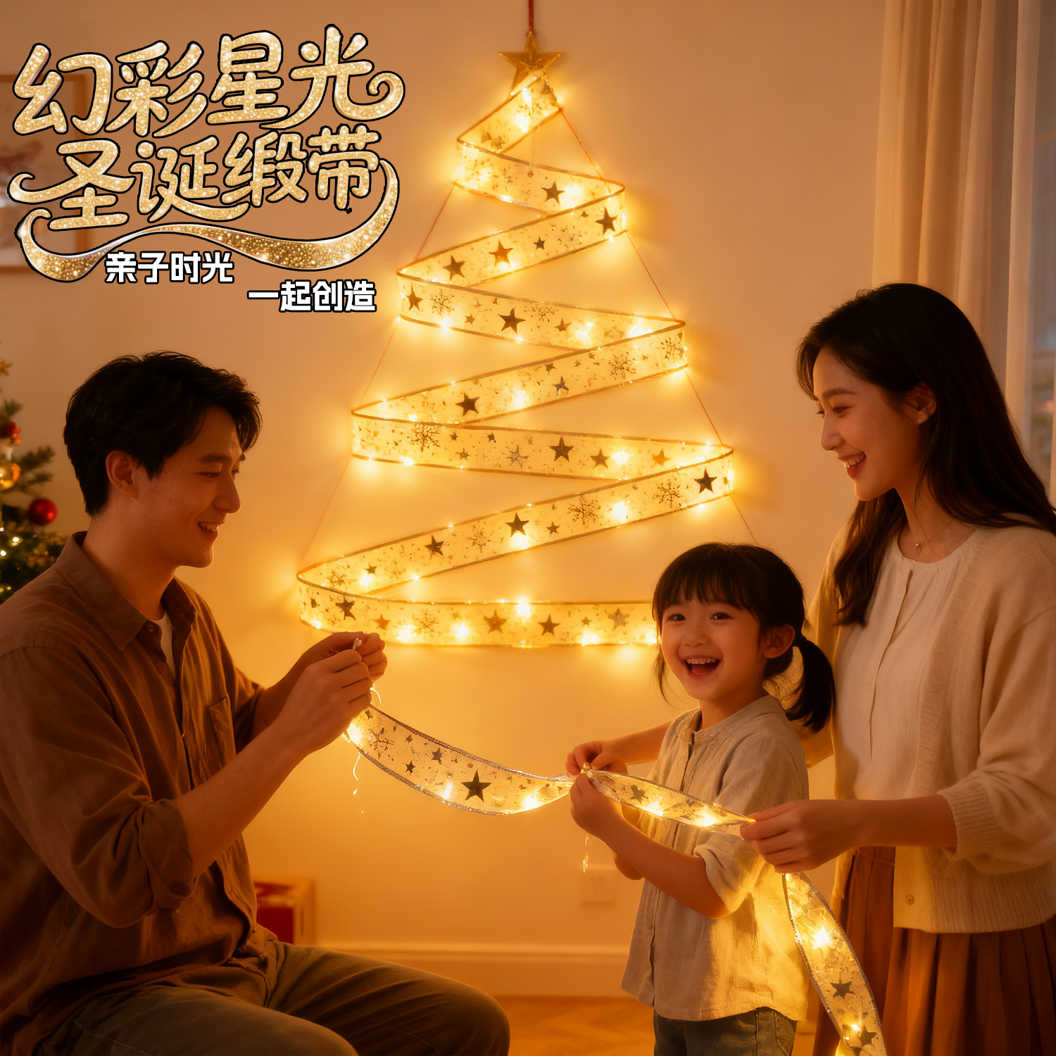 圣诞节氛围感圣诞树装饰led发光缎带场景布置彩灯带创意装扮挂饰