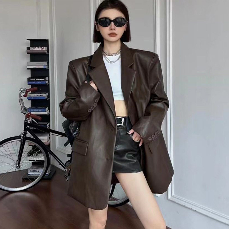2025秋季新款垫肩西装PU皮衣女中长款休闲外套春秋款机车黑色上衣