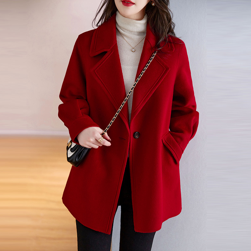 韩版女装本命年中长款毛呢外套秋