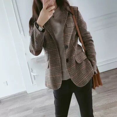 格子毛呢西装外套女2026春秋季新款韩版百搭复古呢子女士西服上衣