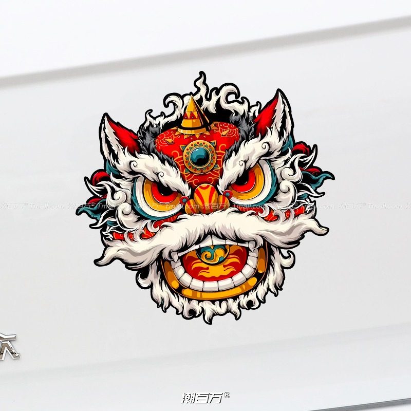 国潮醒狮狮子头中国风反光贴纸
