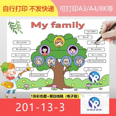 201-13-3my Family tree家庭树英语手抄报思维导图横向一1个女孩