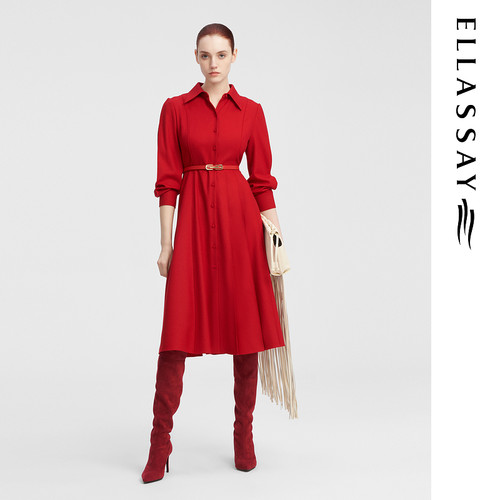 ELLASSAY歌力思秋季新款绵羊毛单边百褶气质连衣裙女EWF343Y07000