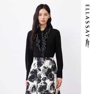 ELLASSAY歌力思26春季新款蚕丝羊毛撞色花瓣领毛衫女EWF371M05800