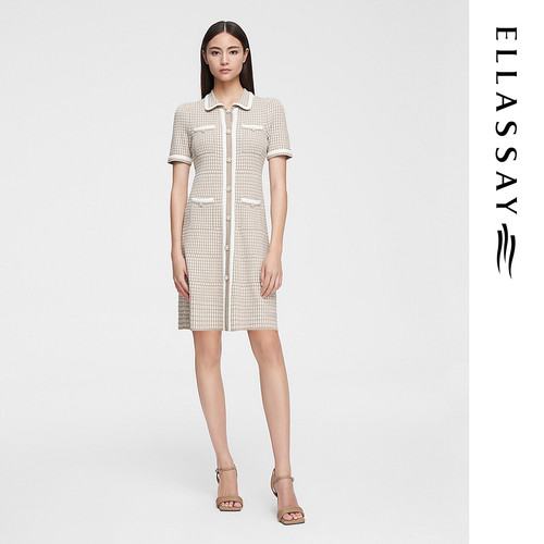 ELLASSAY歌力思春季新款小香风翻领格纹针织连衣裙女EWE351M06200