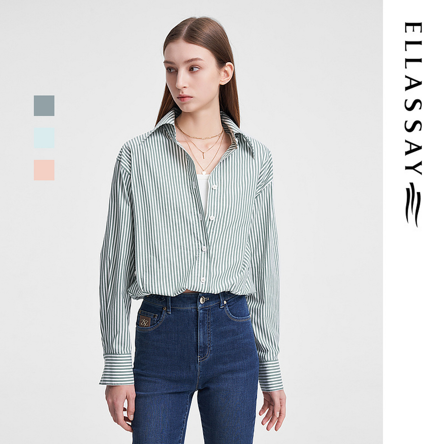 ELLASSAY歌力思春季新款棉时髦百搭条纹假两件衬衫女EWW351C00600