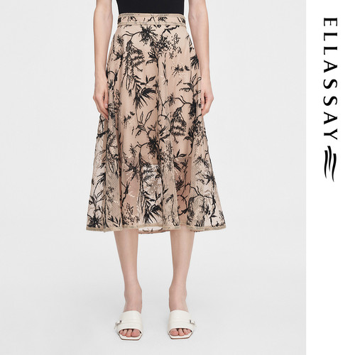 ELLASSAY歌力思夏季新款复古刺绣大摆网纱半裙女EWE352Q02100