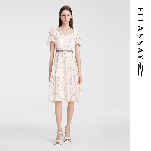 ELLASSAY歌力思夏季新款优雅提花水滴领连衣裙女EWE352Y03000