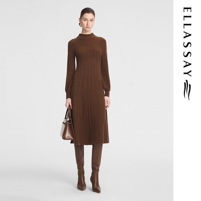 ELLASSAY歌力思秋冬新款山羊绒细闪坑条针织连衣裙女EWF354M09100