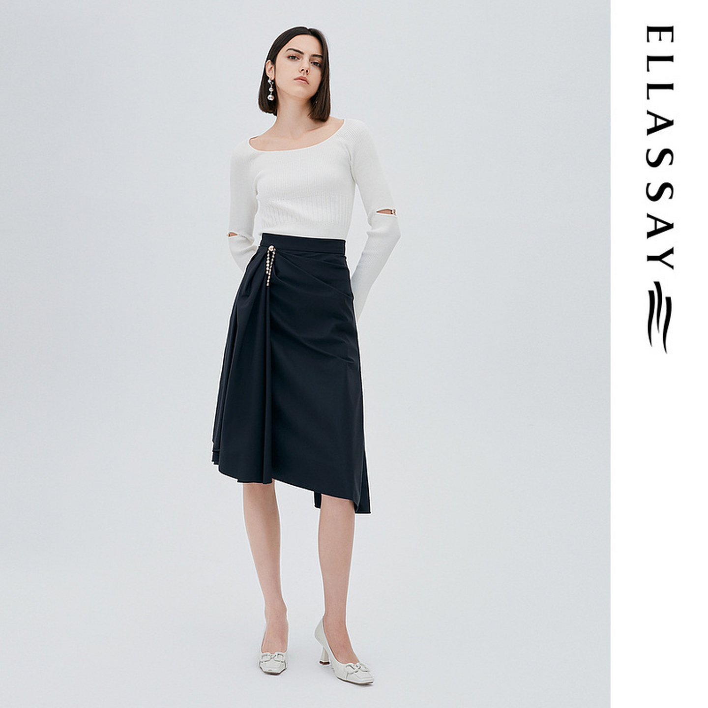 ELLASSAY歌力思秋季新款腰部收褶钻链装饰简约半身裙EWF333Q02100