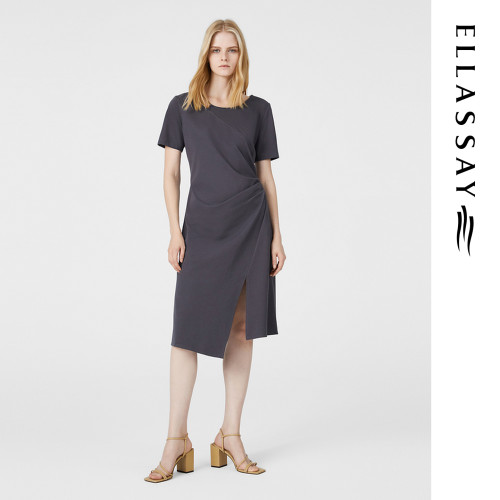 ELLASSAY歌力思春季新款棉简约时髦抽褶修身连衣裙女EWB362Y06200