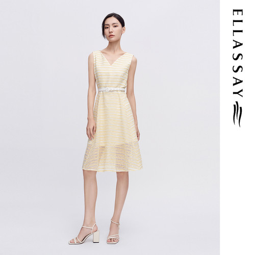 ELLASSAY歌力思夏季新款百搭黄色绣花条纹连衣裙女EWE342Y05000