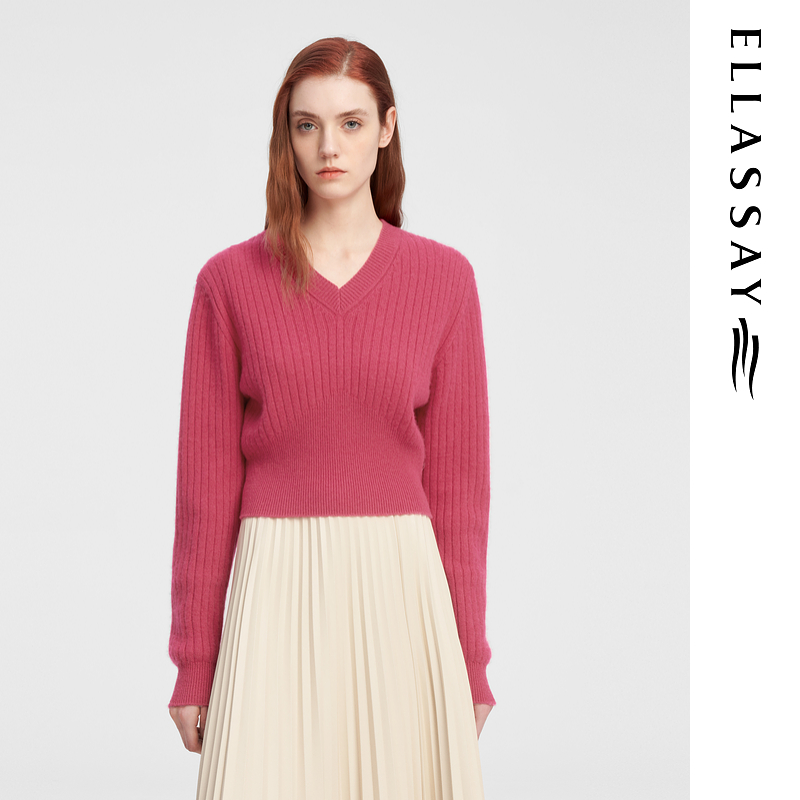 ELLASSAY歌力思冬季新款山羊绒简约V领套头针织衫女EWE344M06600