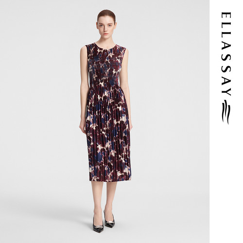 ELLASSAY歌力思早秋新款纯手工压褶修身无袖连衣裙女EWF353Y02600