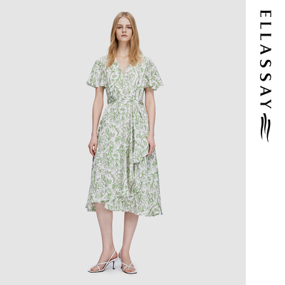 ELLASSAY歌力思夏季新款温柔简约V领中长连衣裙女EWD352Y17200