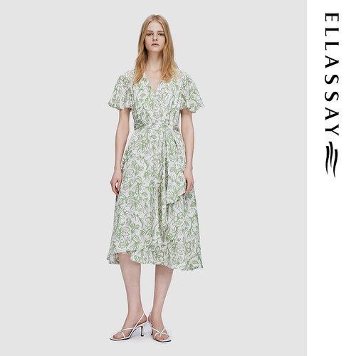 ELLASSAY歌力思夏季新款温柔简约V领中长连衣裙女EWD352Y17200