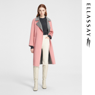ELLASSAY歌力思秋冬新款 绵羊毛灰粉撞色配系带大衣女EWE354D07200