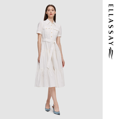 ELLASSAY歌力思春夏新款棉简约系带衬衫式连衣裙女EWD351Y01900
