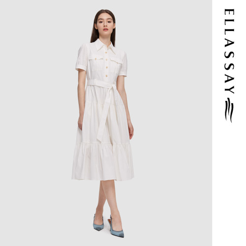 ELLASSAY歌力思春夏新款棉简约系带衬衫式连衣裙女EWD351Y01900