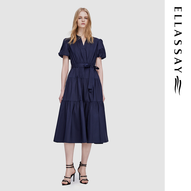 ELLASSAY歌力思夏季新款100%棉简约收腰蛋糕连衣裙女EWD352Y14800