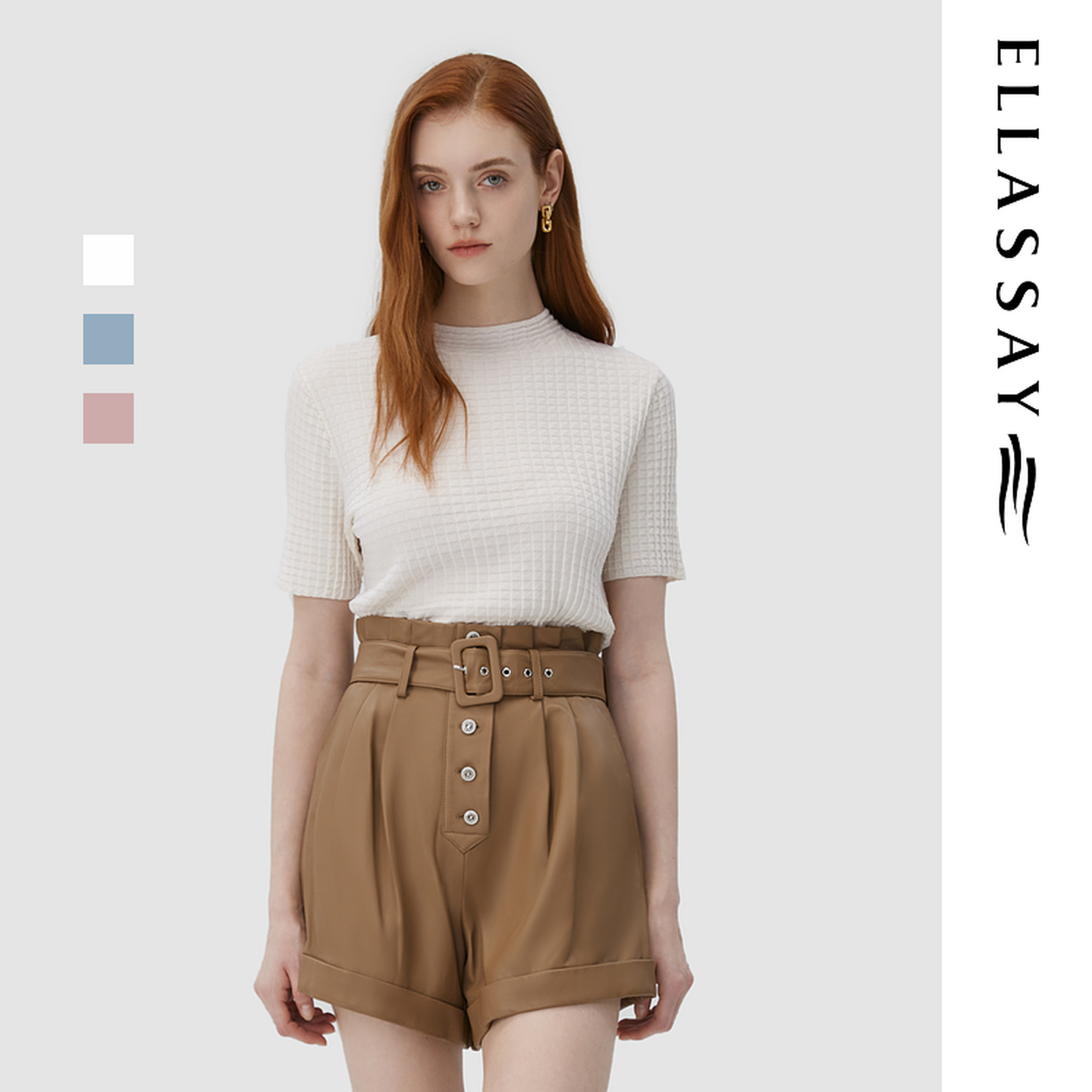 ELLASSAY歌力思秋季新款100%桑蚕丝圆领短袖针织衫女EWF323M00900