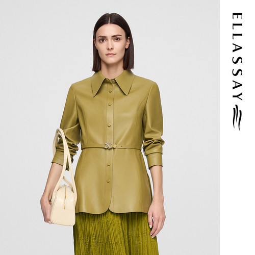 ELLASSAY歌力思早春新款羊皮革简约翻领单排扣皮衣女EWE361X00600