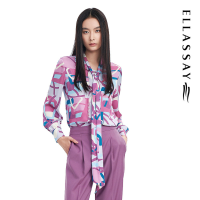 ELLASSAY歌力思春季新款风琴排褶桑蚕丝印花衬衫女EWE331C06000