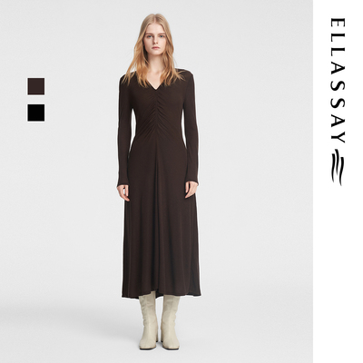 ELLASSAY歌力思秋季绵羊毛胸前细褶知性优雅连衣裙女EWB353Y01700