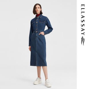 ELLASSAY歌力思2026夏季新款棉长袖牛仔连衣裙女EWW343N01300