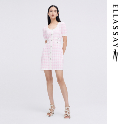 ELLASSAY歌力思夏季新款棉舒适气质收腰格纹连衣裙女EWW342M07900