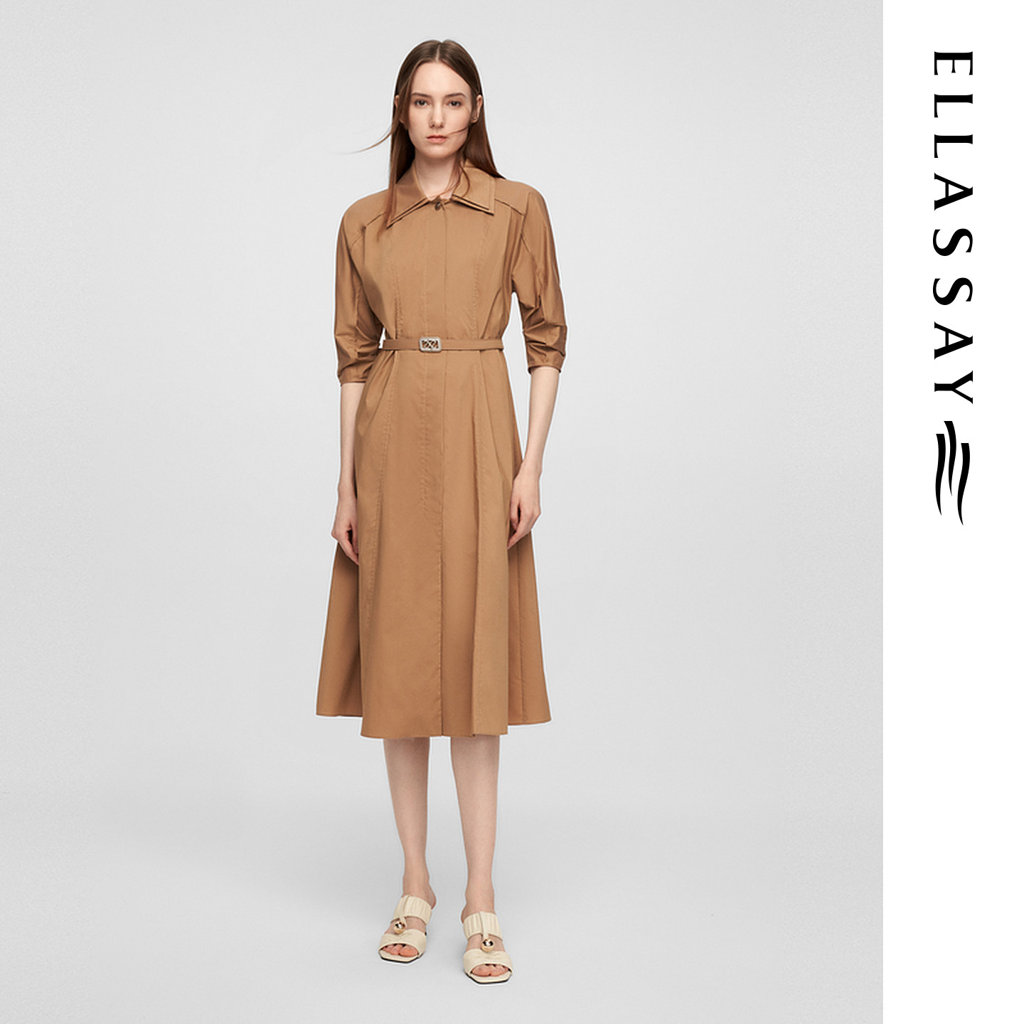 ELLASSAY歌力思春季新款棉简约优雅收腰衬衫连衣裙女EWE361Y07000