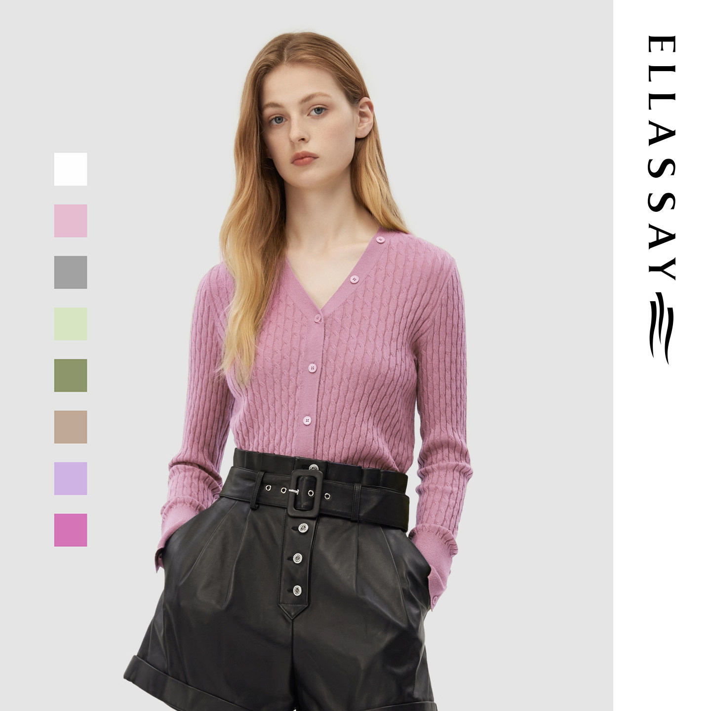 ELLASSAY歌力思秋季新款绵羊毛V领修身针织开衫女EWD343M02700