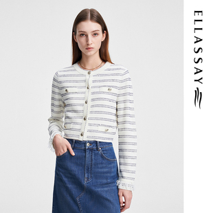 圆领针织开衫 波浪条纹短款 女EWW351M07100 新款 ELLASSAY歌力思春季