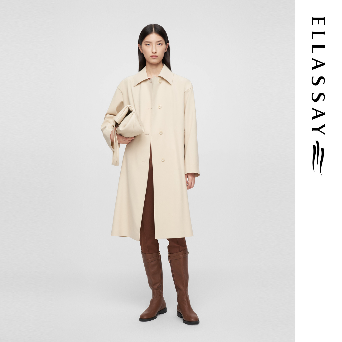 ELLASSAY歌力思春季新款简约翻领单排中长款扣风衣女EWE361F01900