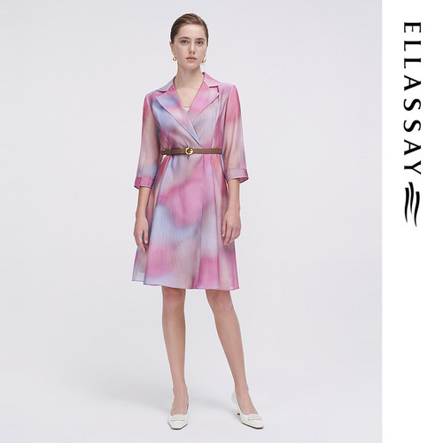 ELLASSAY歌力思春夏新款三醋酸花色晕染经典风衣裙女EWF341F01200