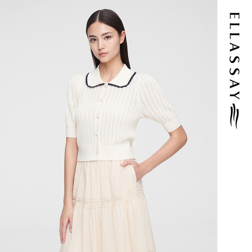 ELLASSAY歌力思夏季新款法式复古泡泡袖针织开衫女EWW352M09200