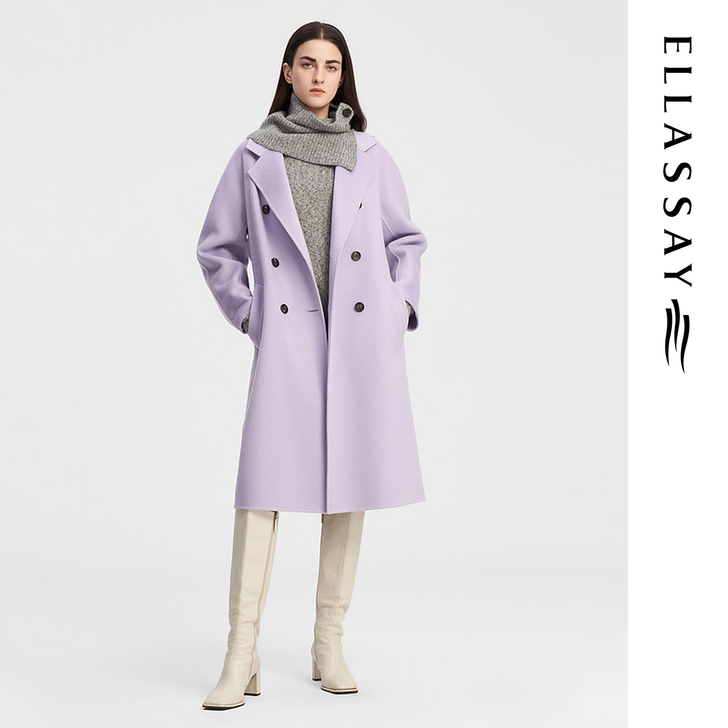 ELLASSAY歌力思秋冬新款双排扣翻领温柔毛呢大衣女EWE344D03100