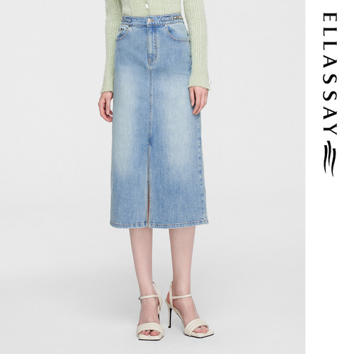 ELLASSAY歌力思春季新款棉高腰复古直筒牛仔半身裙EWW351N07000
