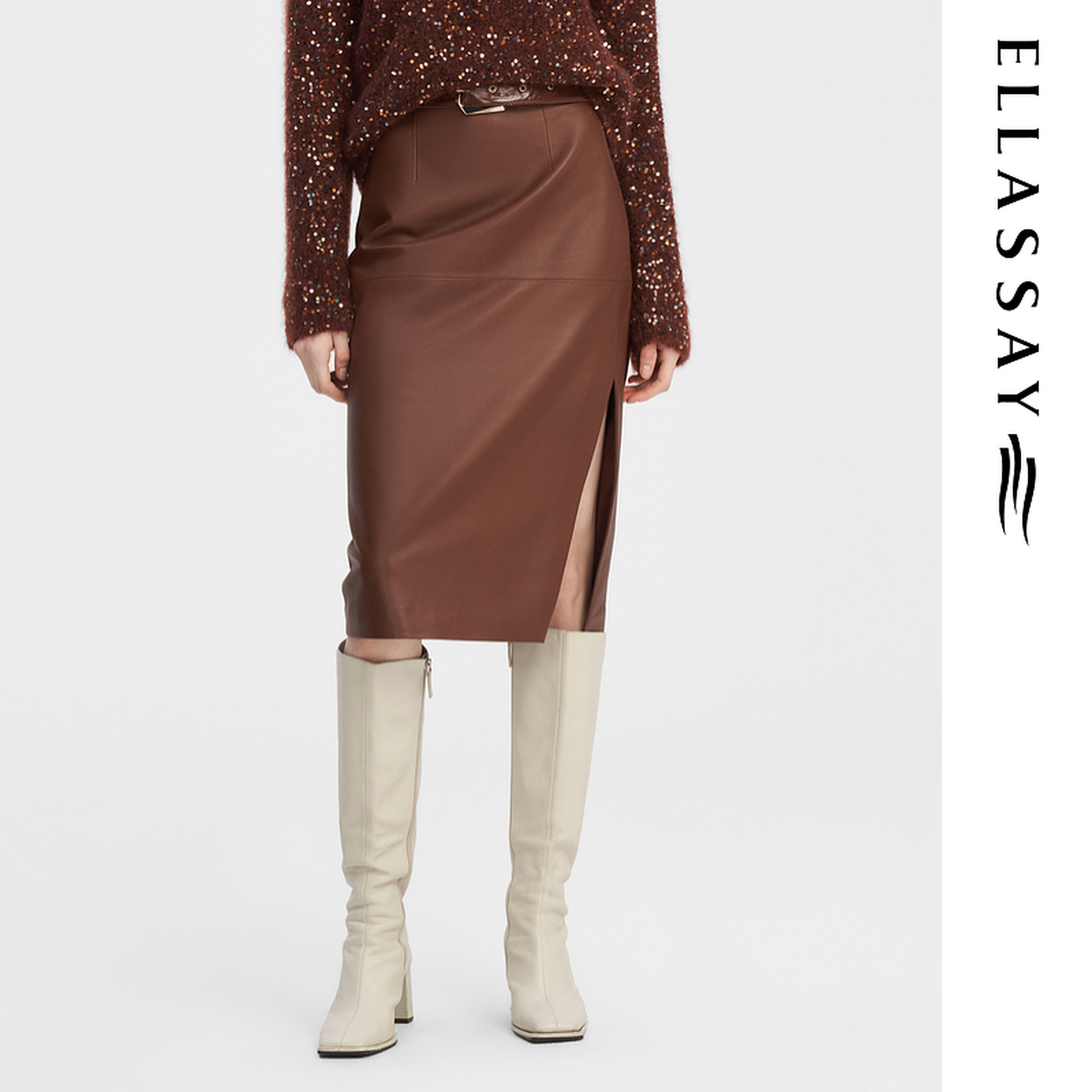 ELLASSAY歌力思秋冬新款绵羊皮革侧开叉高腰半身裙女EWF344X00700