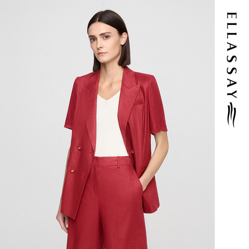 ELLASSAY歌力思春夏新款亚麻经典双排扣短袖西装女EWE362T05800