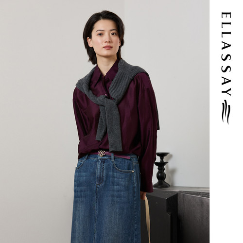 ELLASSAY歌力思秋季新款飘逸丝棉复古浆果色衬衫女EWE363C02200
