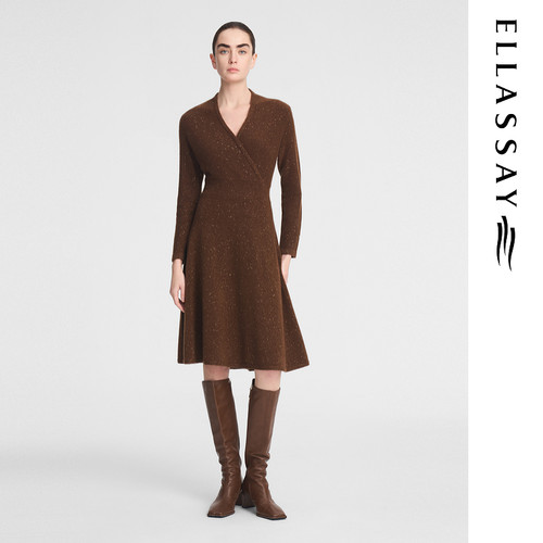 ELLASSAY歌力思秋季新款山羊绒V领气质长袖连衣裙女EWF354M07700