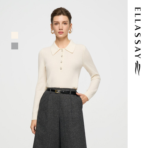 ELLASSAY歌力思秋季新款绵羊毛翻领套头针织衫女EWD366M017TA