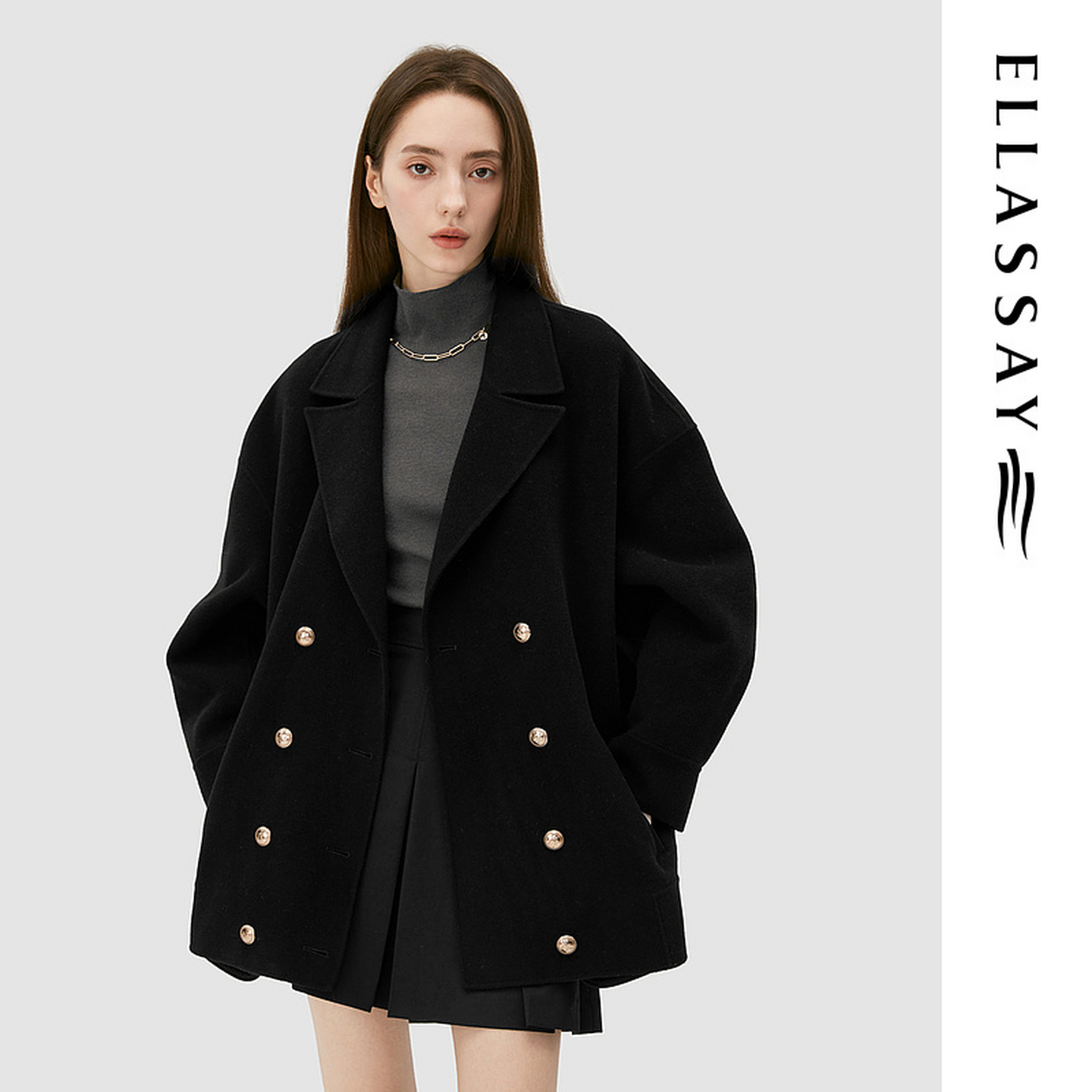 ELLASSAY歌力思秋冬新款绵羊毛复古廓形毛呢大衣女EWB343D01800